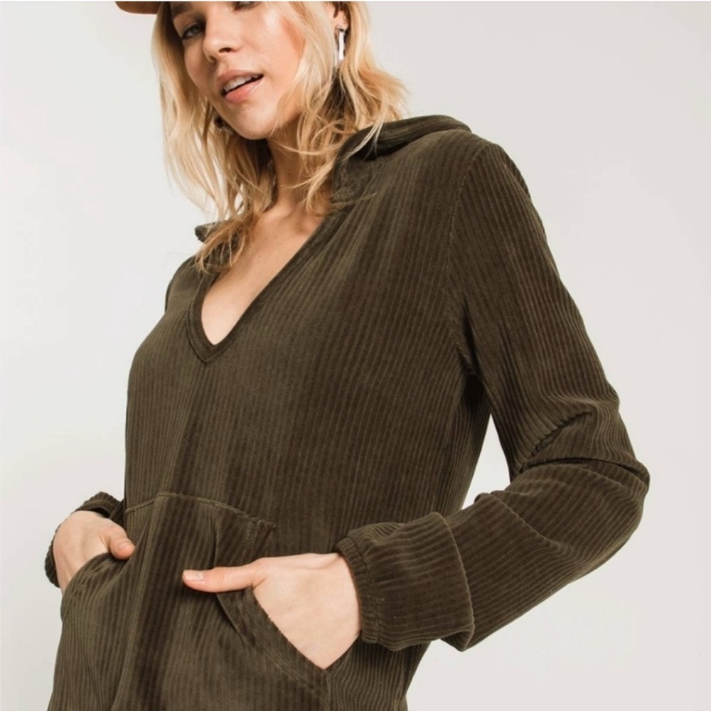 Z Supply Brown Corduroy V-Neck Hoodie